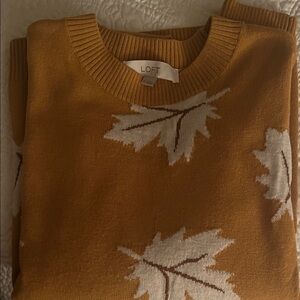 LOFT Golden Sweater with White and Brown Leaf Design